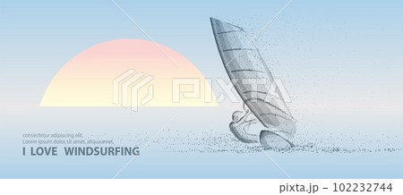 Windsurfing. Man on sailboard surfing on the sea. Extremal sport activity, sailing windsurf, vacation on ocean, outdor adventure, fun rest, speed and power concept. 102232744