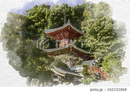 水彩画風　四国八十八箇所3番　金泉寺　多宝塔　徳島県板野町 102232808