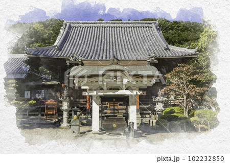 水彩画風　四国八十八箇所3番　金泉寺　本堂　徳島県板野町 102232850