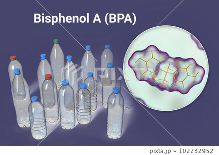 Bisphenol A molecule and plastic bottles, 3D...のイラスト素材 [102232952] - PIXTA