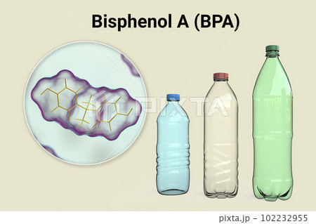 Bisphenol A molecule and plastic bottles, 3D...のイラスト素材 [102232955] - PIXTA