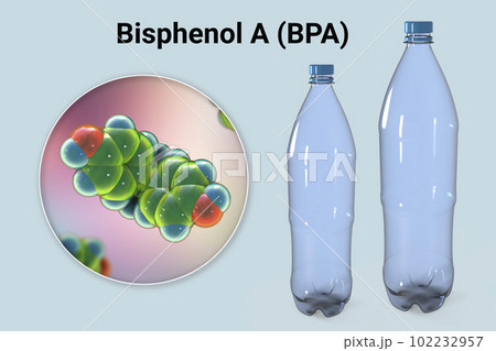 Bisphenol A molecule and plastic bottles, 3D...のイラスト素材 [102232957] - PIXTA