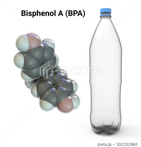Bisphenol A molecule and plastic bottle, 3D illustration. Organic compound used in manufacturing of plastics 102232960