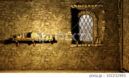 Old stone wall with window and book shelf with candles, 3D illustration 102232983