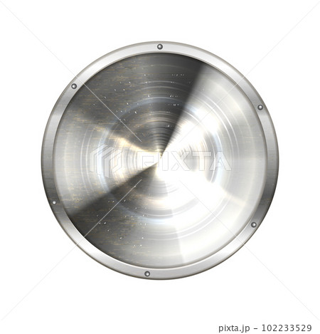 Backdrop of silver or steel plate. Vector image of aluminum or aluminium banner. Background texture for logo or text. Glossy material signboard. Blank or empty radial chrome surface. Signboard 102233529