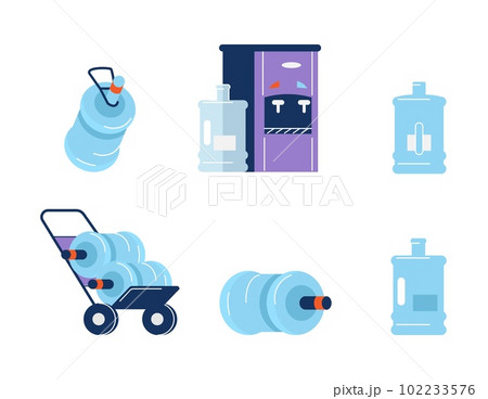 Water bottle set, gallons of clean and purified aqua - flat vector illustration isolated on white background. Water bottle set, gallons of clean and purified aqua - flat vector illustration isolated on white background. 102233576