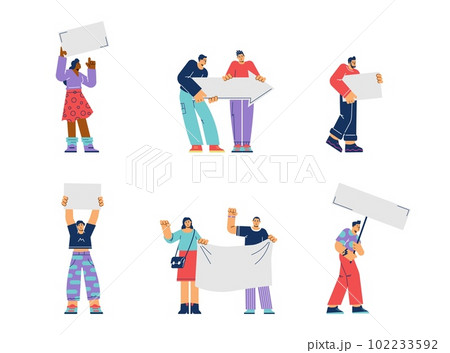 Set of people holding various signs with copy space for text flat style 102233592