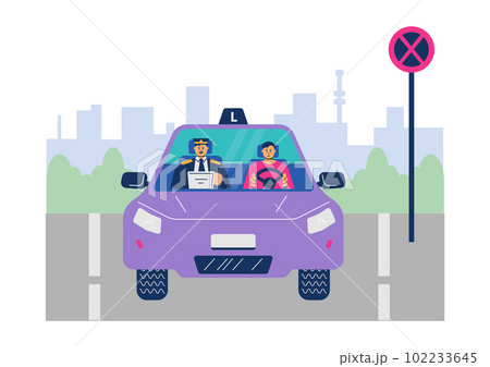 Man sits in car with examiner during driving exam, flat vector illustration. 102233645
