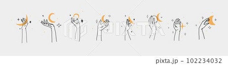 Hand drawn vector abstract outline,graphic,line set magic human hand with moon and star logo in minimalistic modern style.Moon and star sign outline design concept.Outline astrology line art isolated. 102234032