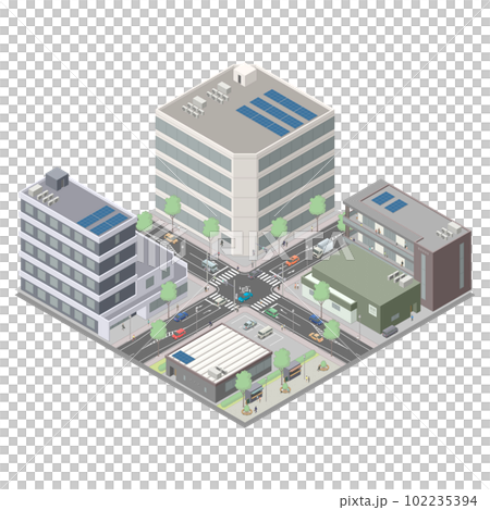 アイソメトリック図法で描いた信号交差点のイメージ[C]（市街地-01全体） 102235394