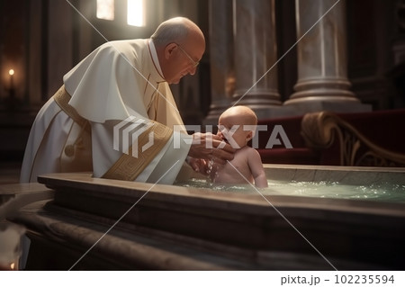 The priest baptizes the baby in the temple, dipping him into the font. Generative AI 102235594