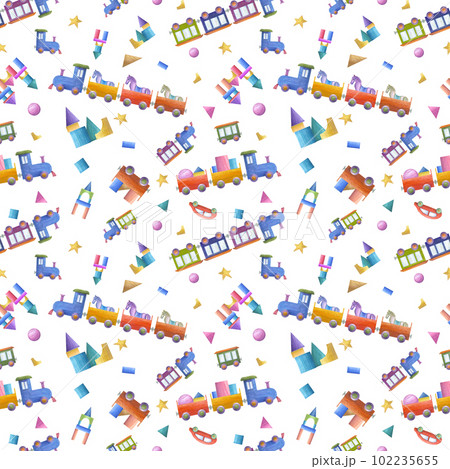 Watercolor seamless pattern of kid wooden toys isolated on white background. Illustration with trains, bricks, towers for children print, poster, decor, wallpaper, wrapping, fabric, textile. Watercolor seamless pattern of kid wooden toys isolated on white background. Illustration with trains, bricks, towers for children print, poster, decor, wallpaper, wrapping, fabric, textile. 102235655