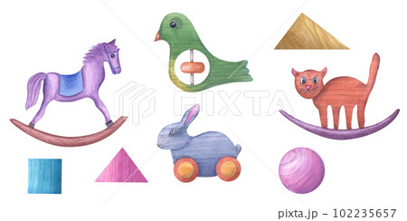 Watercolor illustration with kid wooden toys isolated on white background. Set of multicolor elements for decoration, greeting card, posters, different templates Watercolor illustration with kid wooden toys isolated on white background. Set of multicolor elements for decoration, greeting card, posters, different templates 102235657