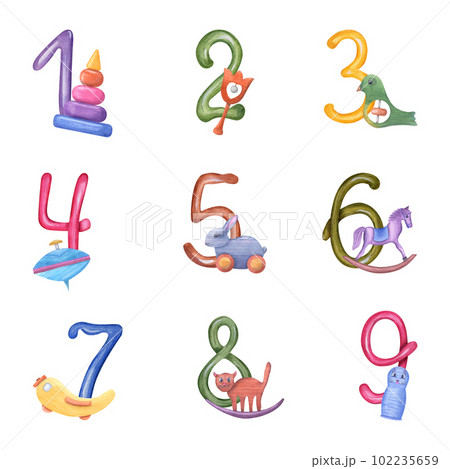 Watercolor illustration of numbers from 1 to 9 with kid wood toys isolated on white background. Multicolor elements for design of party, greeting cards, celebrations, stickers, invitations 102235659