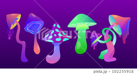 Mushrooms fantasy hallucinogenic cartoon psychedelic fairytale set , magical, alien plants. colorful botanical psilocybin crazy mystical fantastic fungus forest vector symbols illustrations set Mushrooms fantasy hallucinogenic cartoon psychedelic fairytale set , magical, alien plants. colorful botanical psilocybin crazy mystical fantastic fungus forest vector symbols illustrations set 102235918