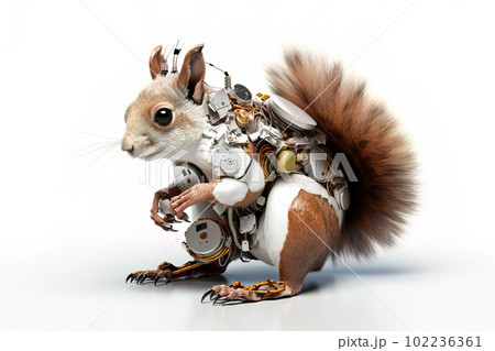 Image of a squirrel modified into a electronics robot on a white background. Wildlife Animal. illustration, generative AI. 102236361