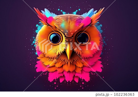 Image of an colorful owl head on a clean background. Birds. Wildlife Animals. Illustration, generative AI. 102236363