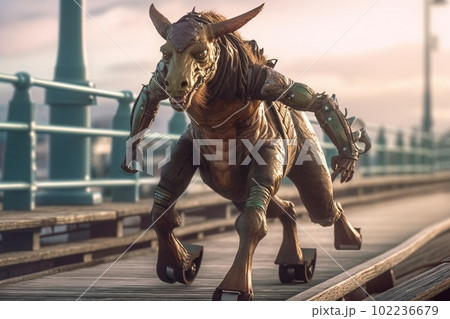 centaur rollerblading down the boardwalk illustration generative ai 102236679