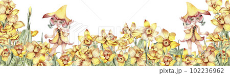 Watercolor horizontal seamless background with narcissus. Flowers in cartoon style. Hand drawn illustration of summer. Perfect for scrapbooking, kids design, wedding invitation, greetings cards. Watercolor horizontal seamless background with narcissus. Flowers in cartoon style. Hand drawn illustration of summer. Perfect for scrapbooking, kids design, wedding invitation, greetings cards. 102236962