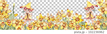 Watercolor horizontal seamless background with narcissus. Flowers in cartoon style. Hand drawn illustration of summer. Perfect for scrapbooking, kids design, wedding invitation, greetings cards. Watercolor horizontal seamless background with narcissus. Flowers in cartoon style. Hand drawn illustration of summer. Perfect for scrapbooking, kids design, wedding invitation, greetings cards. 102236962