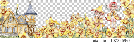Watercolor horizontal seamless background with narcissus. Flowers in cartoon style. Hand drawn illustration of summer. Perfect for scrapbooking, kids design, wedding invitation, greetings cards. Watercolor horizontal seamless background with narcissus. Flowers in cartoon style. Hand drawn illustration of summer. Perfect for scrapbooking, kids design, wedding invitation, greetings cards. 102236968