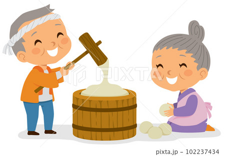 Mochi making in Japan. Elderly Japanese man and woman making traditional mochi rice cakes. Mochi making in Japan. Elderly Japanese man and woman making traditional mochi rice cakes. 102237434