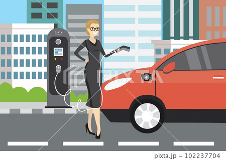 Beauty woman charging an electric vehicle from a charging statio 102237704