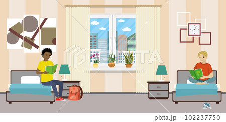 Cartoon teen male students in dormitory room. Cartoon teen male students in dormitory room. 102237750