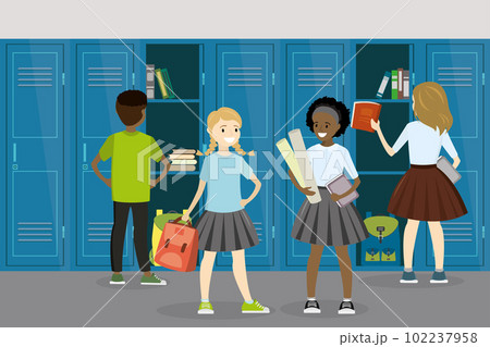 Different students teenagers in school hall,Open and closed scho Different students teenagers in school hall,Open and closed scho 102237958