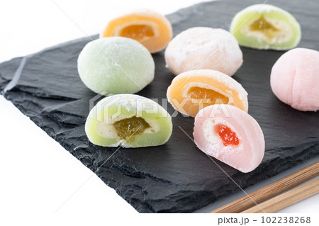 Japanese colorful mochi isolated on white background Japanese colorful mochi isolated on white background 102238268