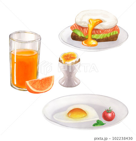 Fresh products for Breakfast: tomato, egg on the plate, poached, glass of orange juice. Hand drawn watercolor illustration isolated on white background. For menu, cookbook design 102238430