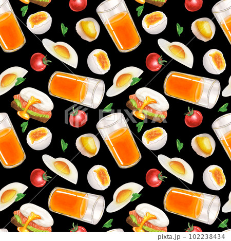 Seamless pattern breakfast - eggs fried, soft-boiled, raw tomato, glass of orange juice. Hand drawn watercolor illustration on black background. For menu, cookbook design Seamless pattern breakfast - eggs fried, soft-boiled, raw tomato, glass of orange juice. Hand drawn watercolor illustration on black background. For menu, cookbook design 102238434