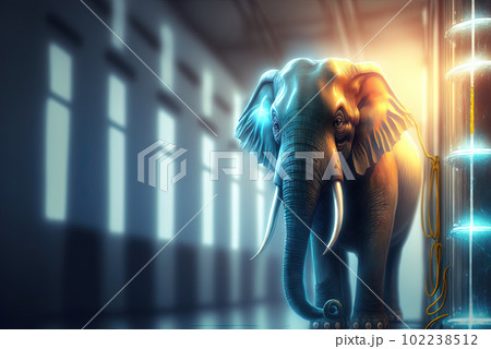 Elephant in the server room. Concept of the big data and digital fragility. Generated AI. Elephant in the server room. Concept of the big data and digital fragility. Generated AI. 102238512