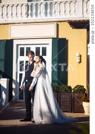 Newlyweds tenderly hug, kiss and enjoy each other. Walk of lovers. Amazing smiling wedding couple. Love. Newlyweds tenderly hug, kiss and enjoy each other. Walk of lovers. Amazing smiling wedding couple. Love. 102238650
