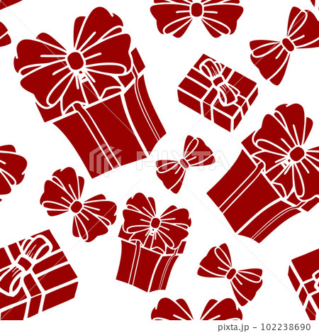 seamless asymmetric pattern of red gift boxes on a white background, texture, background 102238690