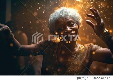 Carefree old black woman wears shiny dress and dancing at her anniversary party. Generative AI illustration Carefree old black woman wears shiny dress and dancing at her anniversary party. Generative AI illustration 102238747