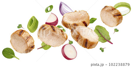Grilled chicken slices with vegetables isolated on white background Grilled chicken slices with vegetables isolated on white background 102238879