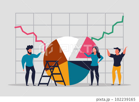 Graph analysis, company profit statistics. Team analyzes data together, teamwork. Large amount data for analysis and information concept. Chart analysis and business information. Vector illustration Graph analysis, company profit statistics. Team analyzes data together, teamwork. Large amount data for analysis and information concept. Chart analysis and business information. Vector illustration 102239165