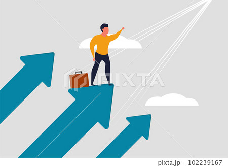 Businessman moves forward and develops his company. Growth and financial progress. A man stands on the arrows and points up. Vector illustration Businessman moves forward and develops his company. Growth and financial progress. A man stands on the arrows and points up. Vector illustration 102239167