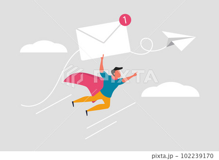 Sending an email to customers or buyers for communication. Subscribe to updates for the service, for fresh news. Corporate mail distribution service. Male hero flies with a letter. Vector illustration 102239170