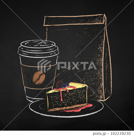 Coffee cup with Cheesecake and paper bag Coffee cup with Cheesecake and paper bag 102239230
