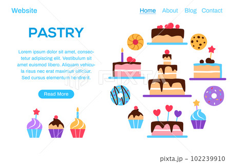 Pastry landing page template with copy space and button. Colorful baked tasty treat website design. Dessert flat elements donut cake muffin for cafe restaurant internet web page vector illustration. 102239910