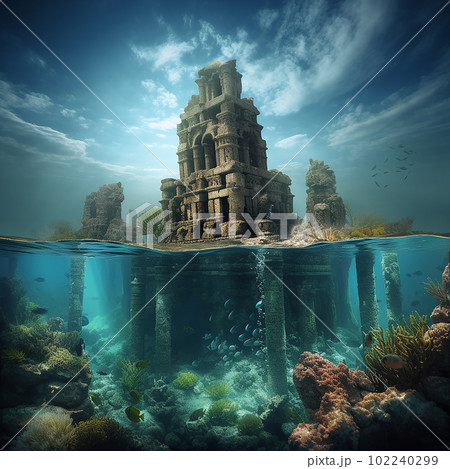 Ruins of an ancient city flooded by the sea, building columns, clear water, Atlantis, ai generative Ruins of an ancient city flooded by the sea, building columns, clear water, Atlantis, ai generative 102240299