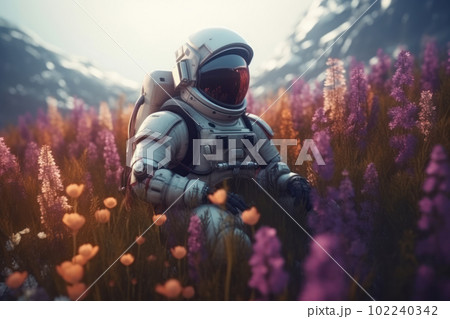 An astronaut in a space suit discovers a new world, surrounded by a colorful field of flowers and a butterfly. Perfect for science fiction and fantasy concepts. AI Generative. 102240342