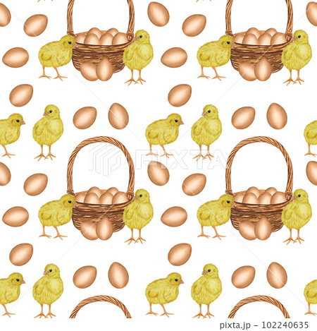 Seamless pattern yellow chickens brown eggs shell in the basket. Farm product. Protein. Happy easter. Hand drawn watercolor illustration isolated on white background. For menu, cookbook design, card Seamless pattern yellow chickens brown eggs shell in the basket. Farm product. Protein. Happy easter. Hand drawn watercolor illustration isolated on white background. For menu, cookbook design, card 102240635
