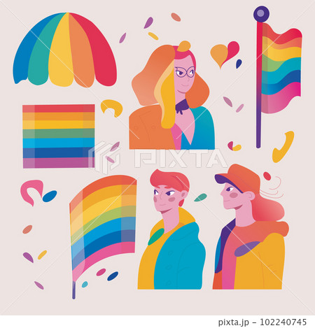 LGBTQ Pride Parade Set. Vector illustration of a gay pride parade. A group of people participating in the Pride parade. LGBT community LGBTQ Pride Parade Set. Vector illustration of a gay pride parade. A group of people participating in the Pride parade. LGBT community 102240745