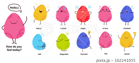 A set of stickers with different emotions. Colorful illustration for children. Simple contemporary character. Mascot for the mood diary. Illustration on the theme of mental health A set of stickers with different emotions. Colorful illustration for children. Simple contemporary character. Mascot for the mood diary. Illustration on the theme of mental health 102241055