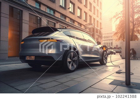 Illustration of electric car charging in city, created with Generative AI technology. 102241388