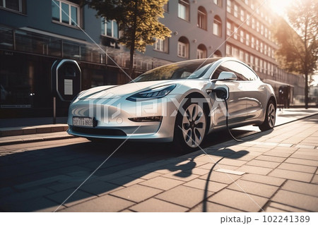 Illustration of electric car charging in city, created with Generative AI technology. 102241389
