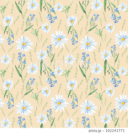 Seamless watercolor pattern with wildflowers, forget-me-not, camomile on beige background. Can be used for fabric prints, gift wrapping paper, kitchen textile. Seamless watercolor pattern with wildflowers, forget-me-not, camomile on beige background. Can be used for fabric prints, gift wrapping paper, kitchen textile. 102241771